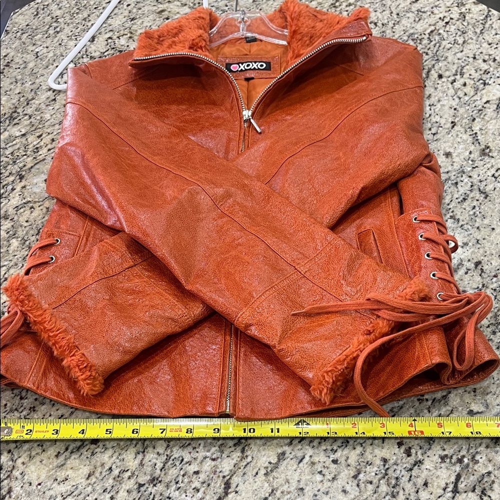 XOXO Women's Rust Faux Leather Jacket with Faux Fur Collar - Picture 10 of 11